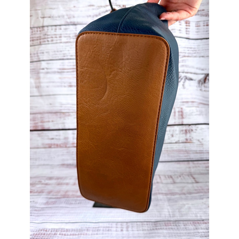 Bueno Navy Blue Cognac Brown Pebbled Vegan Leather Triple Compartment Tote Bag - Picture 3 of 7